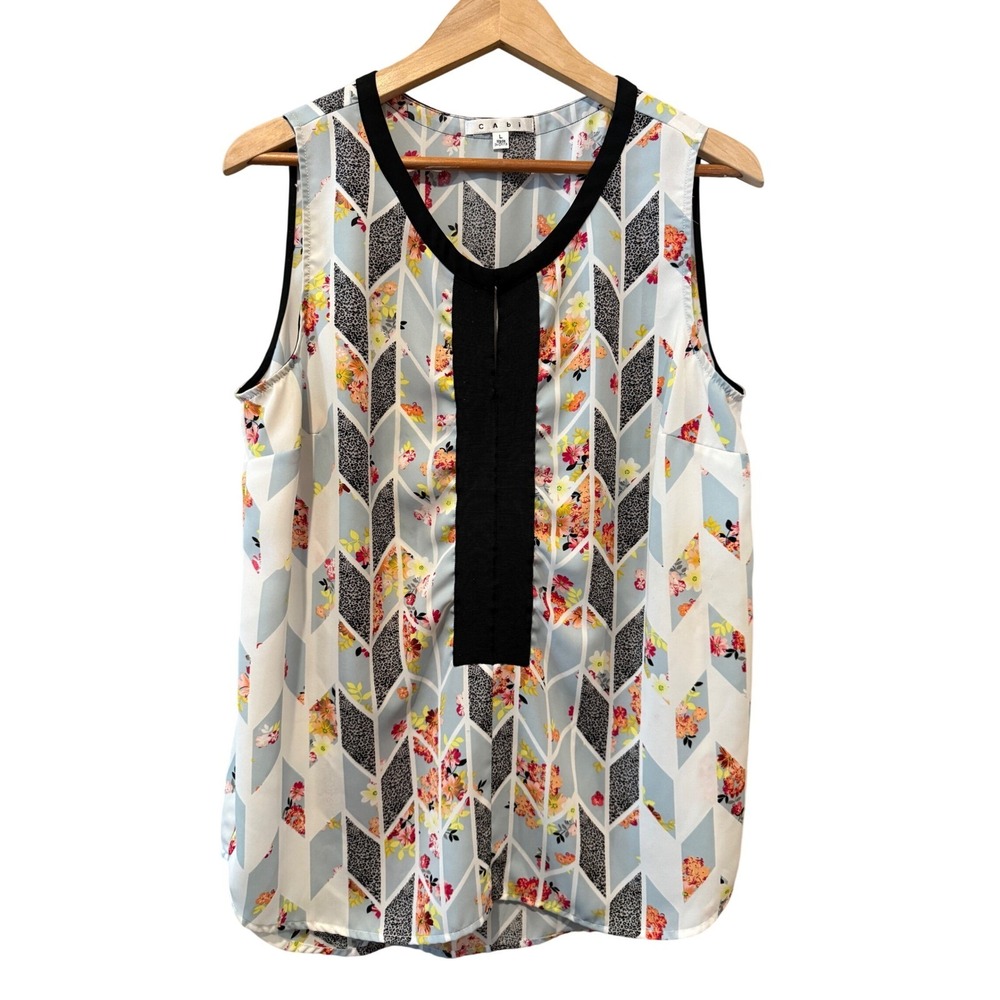 Cabi Womens Sleeveless V-Neck Blouse Floral Chevron Blue Multi Size L